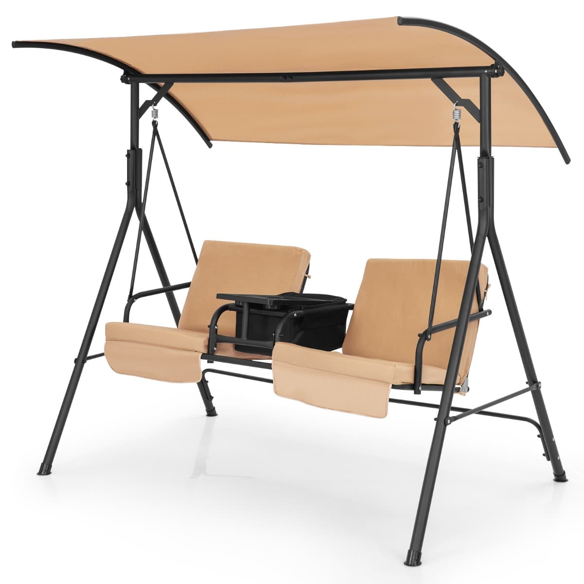 CostwayBalançoire de Porche avec Auvent Réglable Balancelle pour 2 Personnes Sac Isotherme Plateau Rotatif Porte-gobelet 181*124*161,5CM Marron