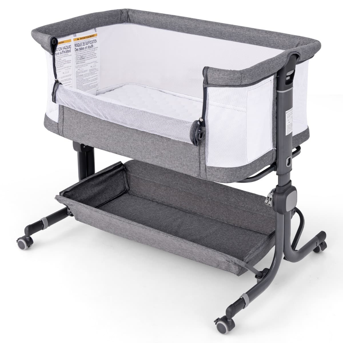 CostwayLit de Bébé Berceau Berceau de Côté avec Hauteur Réglable 6 Niveaux Étagère de Rangement Roulettes Matelas et Sac de Transport Gris