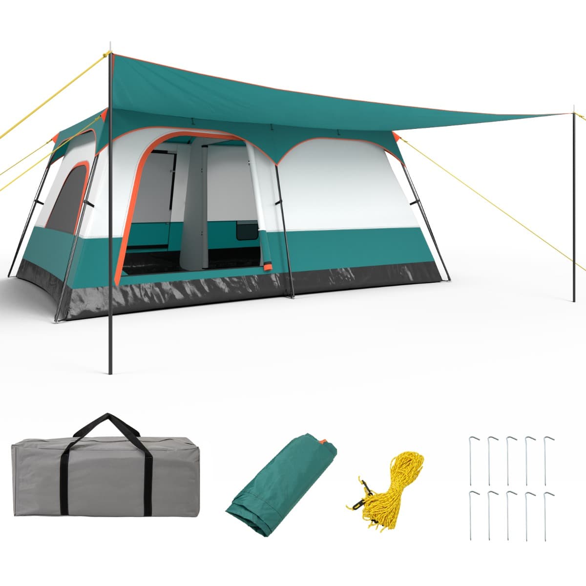 CostwayTente de Camping pour 10 Personnes avec Auvent Grande Tente Familiale avec 2 Chambres 2 Portes 2 Fenêtres en Maille Vert