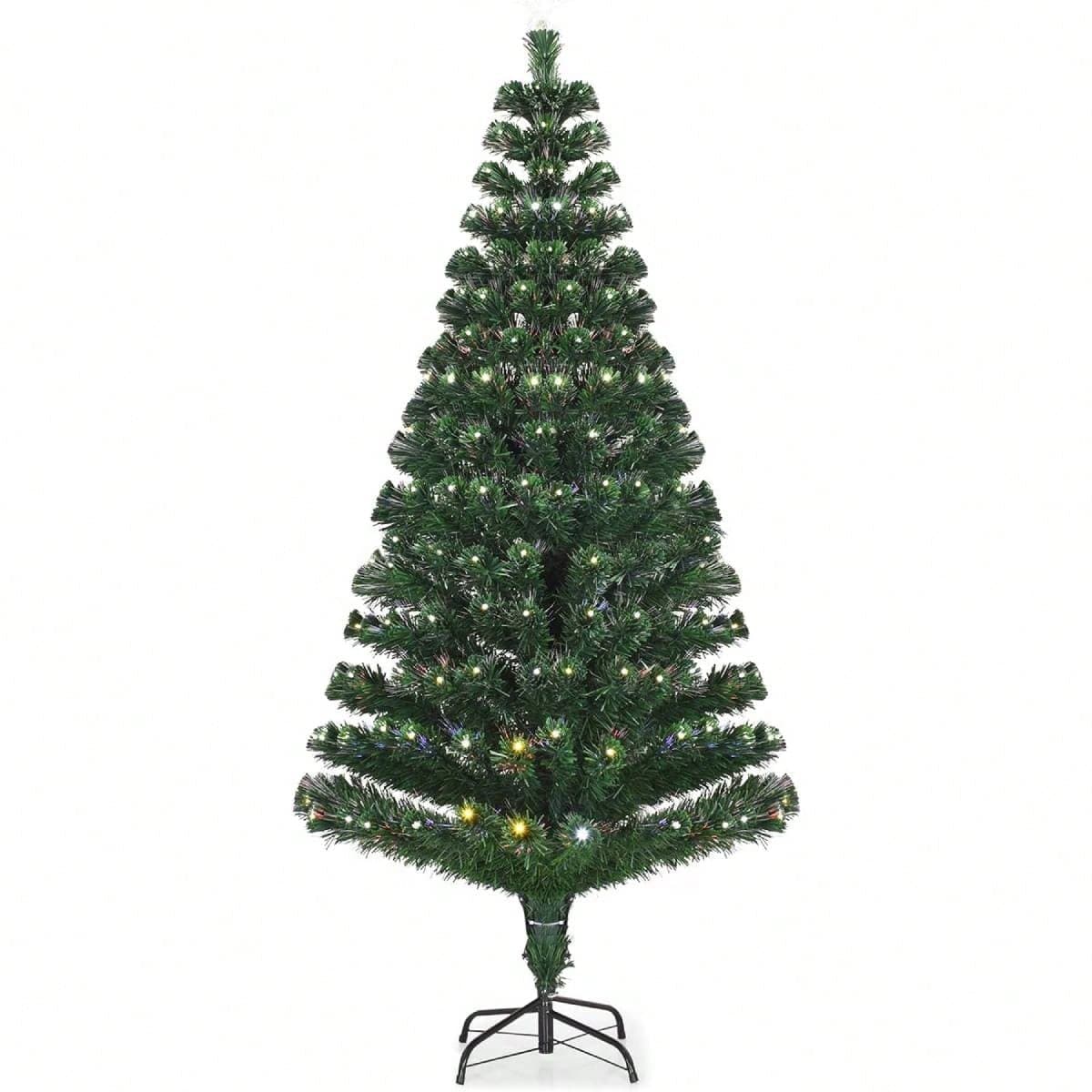 Arbre de Noël de 150cm, Arbre de Noël Artificiel avec 180 pointes, lumières LED, Top Star, 8 modèles d'éclairs, PVC, Pied en fer pliable, Arbre